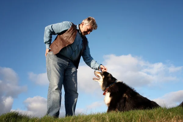 Volwassen man en een hond schapen — Stockfoto