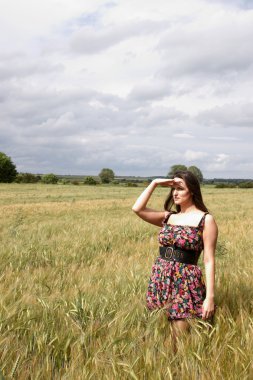 çekici bir bayan bir Mısır tarlasında ayakta