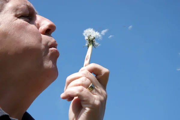 A man blowing seeds — Stock Photo, Image