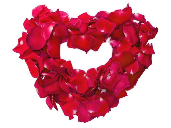 Heart shape of red rose petals isolated on white — Stock Photo, Image