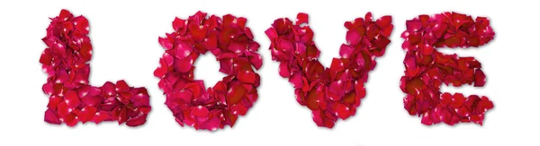 Word of love made from red rose petals isolated on white — Stock Photo, Image