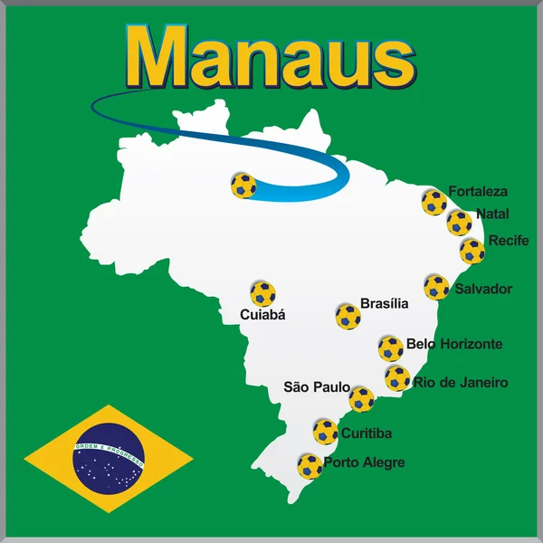 Manaus - Brazílie mapa fotbalový míč — Stockový vektor