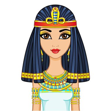 Animasyon Mısır prensesi eski kıyafetler ve peruklar içinde, altın mücevherler. Kraliçe, tanrıça, prenses. Beyaz arkaplanda izole edilmiş vektör illüstrasyonu.