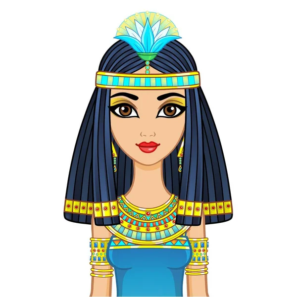 Анимационный Портрет Египетской Девушки Старинной Одежде Цветком Папируса Голове Королева — стоковый вектор