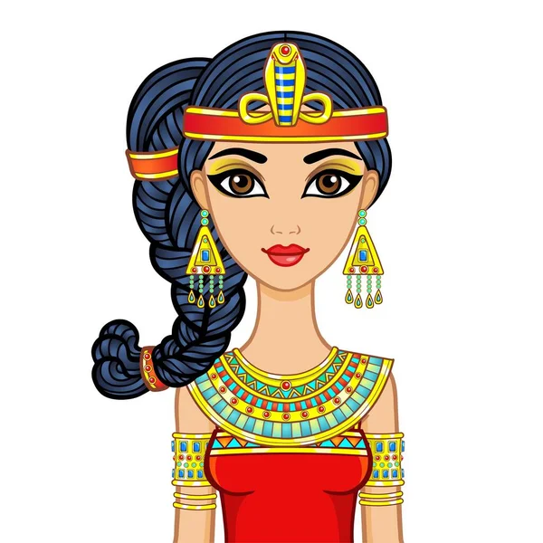 古代の服や金の宝石でアニメーションエジプトの王女 若者の髪の毛の場所 女王様 女神様 白い背景に独立したベクターイラスト — ストックベクタ
