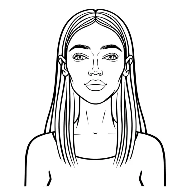 若い美しい女性のアニメーションの肖像画 モノクロームのドローイング 白い背景にベクトルイラストが孤立しています ぬり絵にご利用ください — ストックベクタ