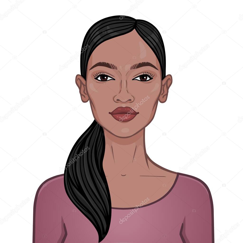 Animation portrait of the young beautiful black  woman. Color drawing. Vector illustration isolated on a white background. Print, poster, t-shirt, card.