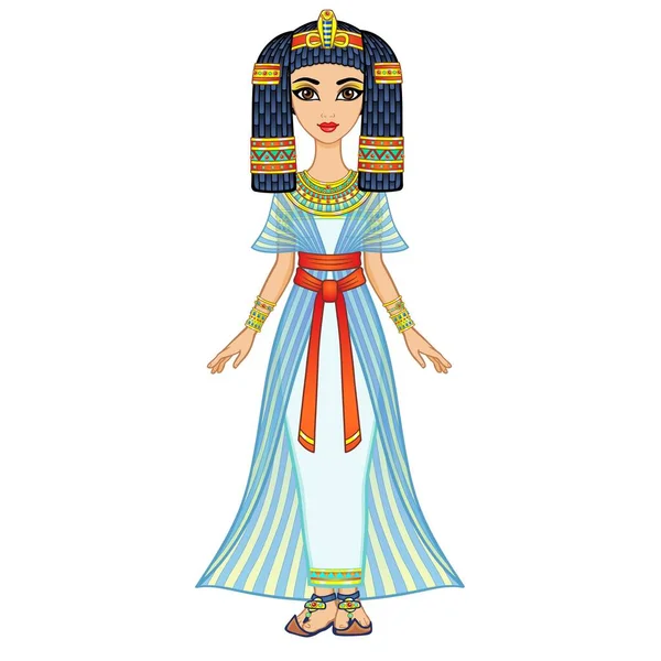 动漫的埃及公主 身穿古装 头戴假发 头戴黄金珠宝 全面增长 在白色背景上孤立的向量图 — 图库矢量图片