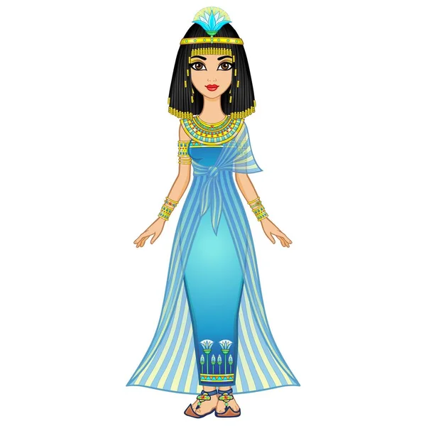 アニメーションの肖像画頭の上にパピルスの花と古代の服のエジプトの少女 女王様 女神様 完全な成長 白い背景に独立したベクターイラスト — ストックベクタ