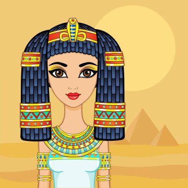 Animasyon Mısır prensesi eski kıyafetler ve peruklar içinde, altın mücevherler. Kraliçe, tanrıça, prenses. Vektör çizimi. Arkaplan - çöl manzarası, piramitler.