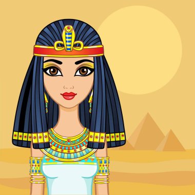 Animasyon Mısır prensesi eski kıyafetler ve peruklar içinde, altın mücevherler. Kraliçe, tanrıça, prenses. Vektör çizimi. Arkaplan - çöl manzarası, piramitler.