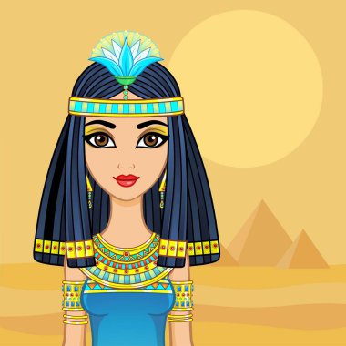 Animasyon portresi, başında papirüs çiçeğiyle eski giysiler içinde Mısırlı bir kız. Kraliçe, tanrıça, prenses. Vektör çizimi. Arkaplan - çöl manzarası, piramitler.