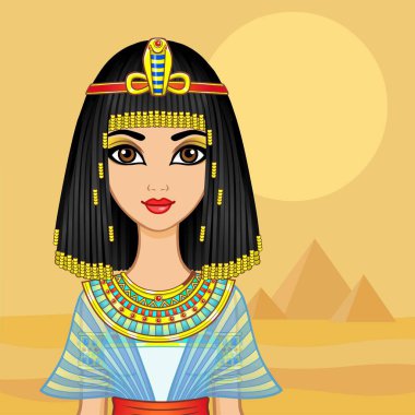 Animasyon Mısır prensesi eski kıyafetler ve peruklar içinde, altın mücevherler. Kraliçe, tanrıça, prenses. Vektör illüstrasyonu. Arkaplan - çöl manzarası, piramitler.