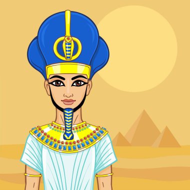 Animasyon Mısır Firavunu askeri taç giydi. Vektör çizimi. Arkaplan - çöl manzarası, piramitler.