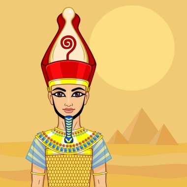 Animasyon Mısır Firavunu Birleşik Mısır 'ın tacı ve askeri zırhı. Vektör çizimi. Arkaplan - çöl manzarası, piramitler.