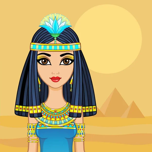 动画描绘的是头戴纸草花 身穿古装的埃及女孩 矢量图解 沙漠景观 金字塔 — 图库矢量图片