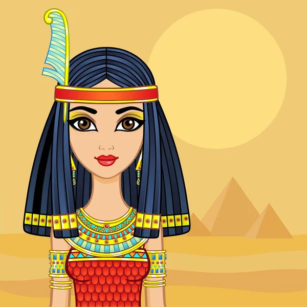 Animation Portrait Ancient Egyptian Goddess Maat Wig Bird Pen Vector — Stock Vector