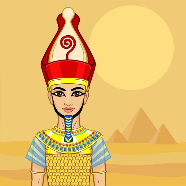 动漫埃及法老是联合埃及和军事装甲的皇冠 矢量图解 沙漠景观 金字塔 — 图库矢量图片