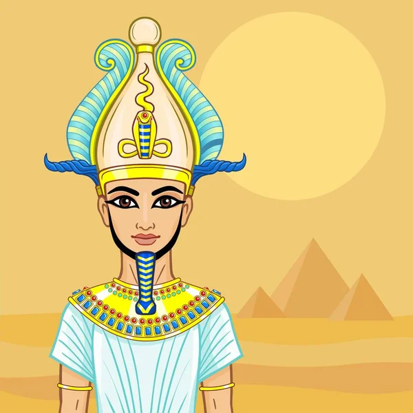 エジプトのアニメーション角と羽を持つ神の冠のファラオ ベクトルイラスト 砂漠の風景 ピラミッドと羽 — ストックベクタ
