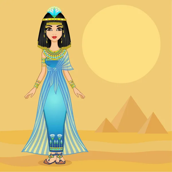 Animatie Portret Egyptisch Meisje Oude Kleren Met Een Papyrus Bloem — Stockvector