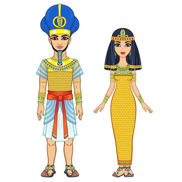 Cartoon Portrait Egyptian Family Ancient Clothes Pharaoh King God Full — Stock Vector