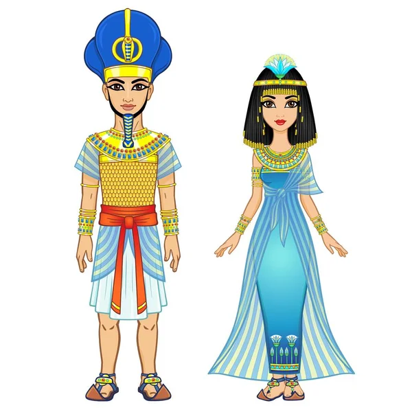 古代の服のエジプトの家族の漫画の肖像画 ファラオ王よ神よ 完全な成長 白い背景に独立したベクターイラスト — ストックベクタ