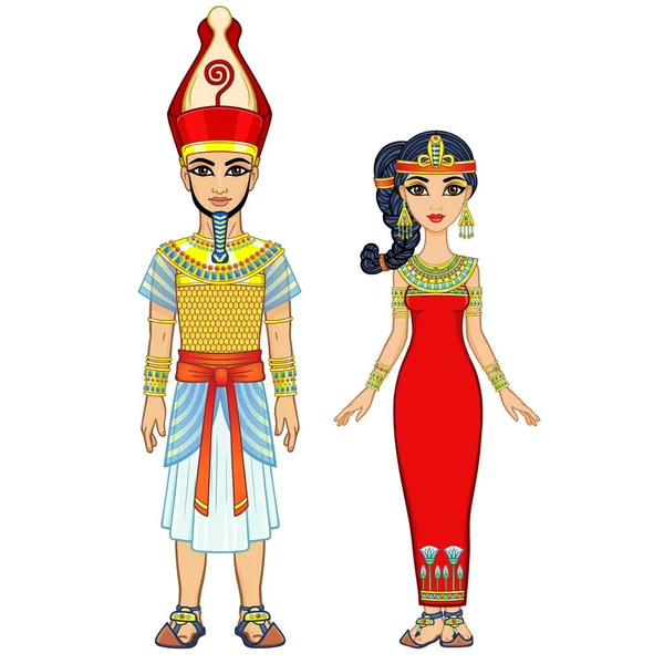 Tecknad Porträtt Egyptisk Familj Gamla Kläder Farao Kung Gud Full — Stock vektor