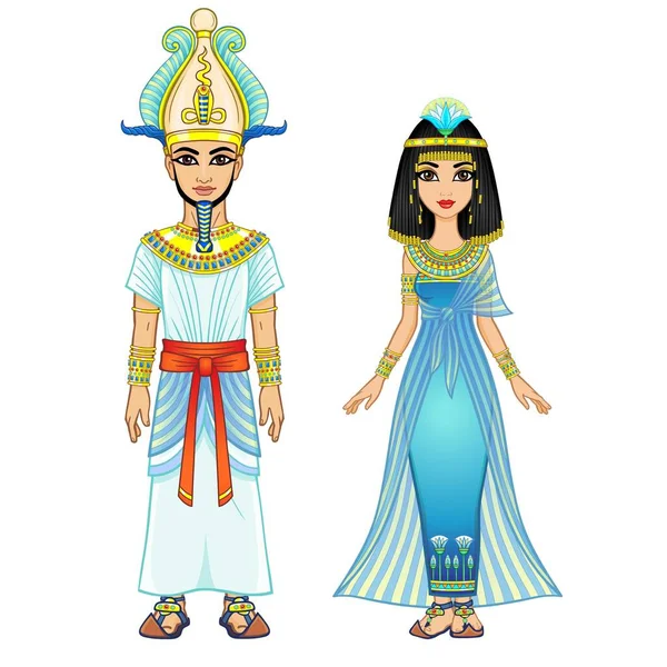 古代の服のエジプトの家族の漫画の肖像画 ファラオ王よ神よ 完全な成長 白い背景に独立したベクターイラスト — ストックベクタ