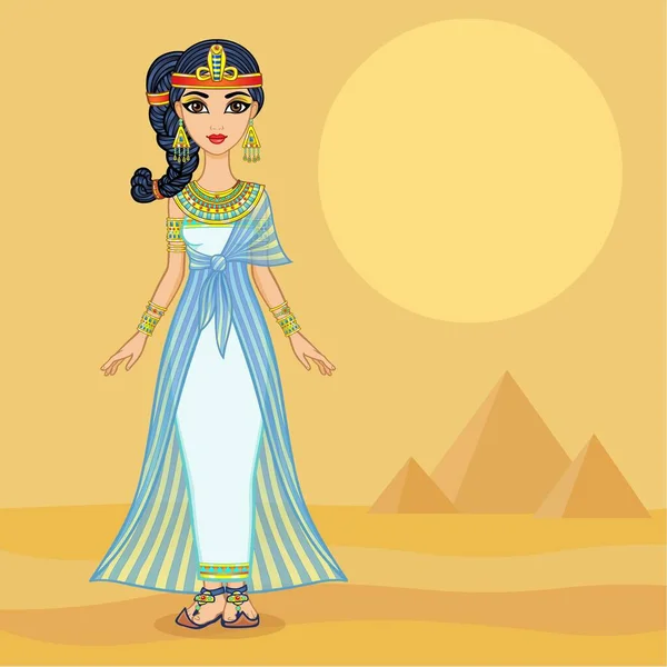 古代の服や金の宝石でアニメーションエジプトの王女 若者の髪の毛の場所 女王様 女神様 完全な成長 ベクトルイラスト 砂漠の風景 ピラミッド — ストックベクタ