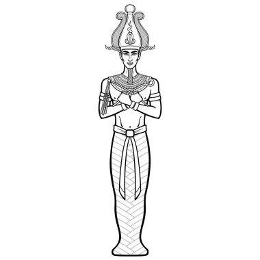 Boynuzlu taç giymiş, elleri çapraz Mısır 'lı bir adamın animasyon portresi gücün sembollerini taşıyor. Firavun, Osiris, mumya. Vektör illüstrasyonu beyaz arka planda izole edilmiş. Yazdır, poster, tişört, dövme