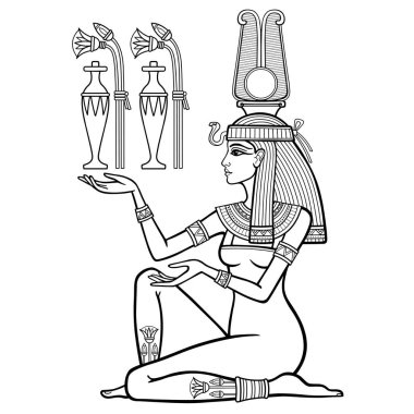 Animasyon, güzel Mısırlı kadının doğrusal portresi bir sürahi hediye taşıyor. Tanrıça, prenses. Profil görünümü. Beyaz arkaplanda izole edilmiş vektör illüstrasyonu. Yazdır, poster, tişört, dövme.