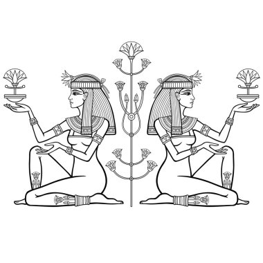 Animasyon doğrusal portresi: iki güzel Mısırlı kız çiçekleri tutuyor. Tanrıça, prenses. Profil görünümü. Beyaz arkaplanda izole edilmiş vektör illüstrasyonu. Yazdır, poster, tişört, dövme.
