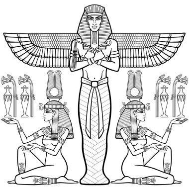 Animasyon doğrusal portresi: kanatlı Mısır firavunu gücün sembollerini taşıyor. Kızlar ona bir sürahi hediye sunar. Beyaz arkaplanda izole edilmiş vektör illüstrasyonu. Yazdır, poster, tişört, dövme.