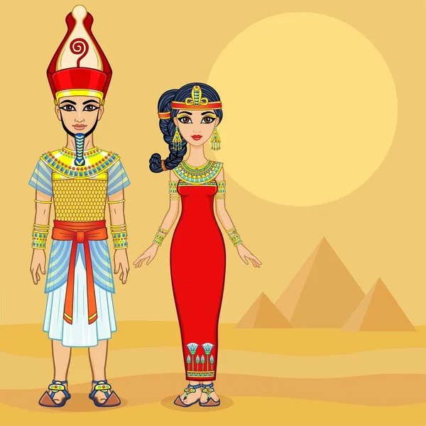 Cartoon Portret Van Egyptische Familie Oude Kleren Farao Koning God — Stockvector