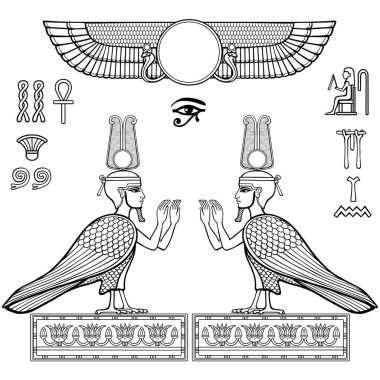 Animation linear drawing: set of Egyptian symbols. Falcon with a human head and hands. Vector illustration isolated on a white background.  clipart