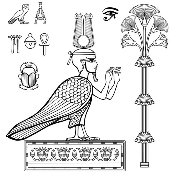 Desenho Linear Animação Conjunto Símbolos Egípcios Falcão Com Cabeça Mãos — Vetor de Stock