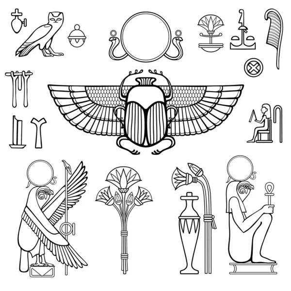 Desen Liniar Animație Set Simboluri Egiptene Zeul Păsării Sacre Gore Vectori de stoc fără drepturi de autor