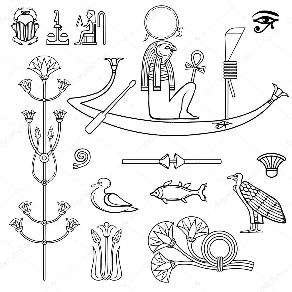 Animation linear drawing: set of Egyptian symbols. Sacred bird God of Gore sails in a boat. Vector illustration isolated on a white background.