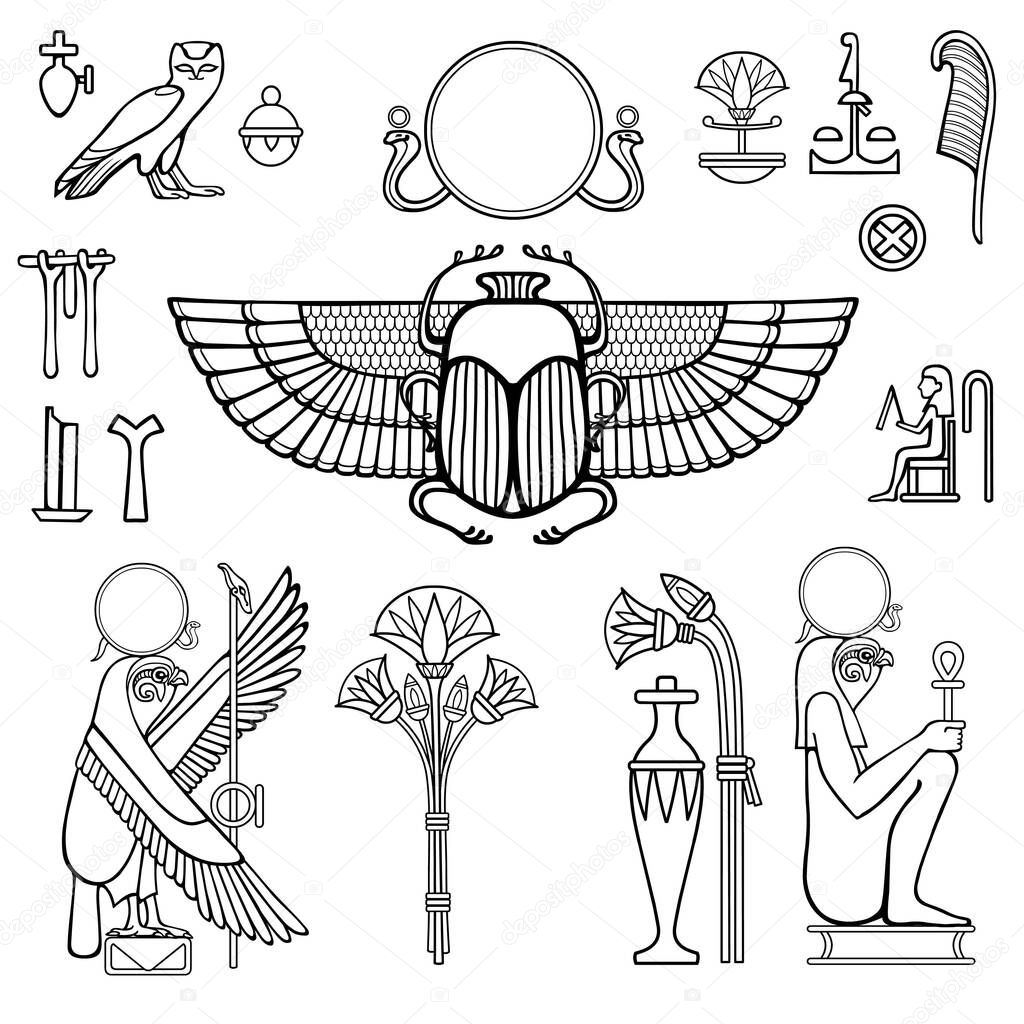 Animation linear drawing: set of Egyptian symbols. Sacred bird god Gore, winged beetle scarab. Vector illustration isolated on a white background.