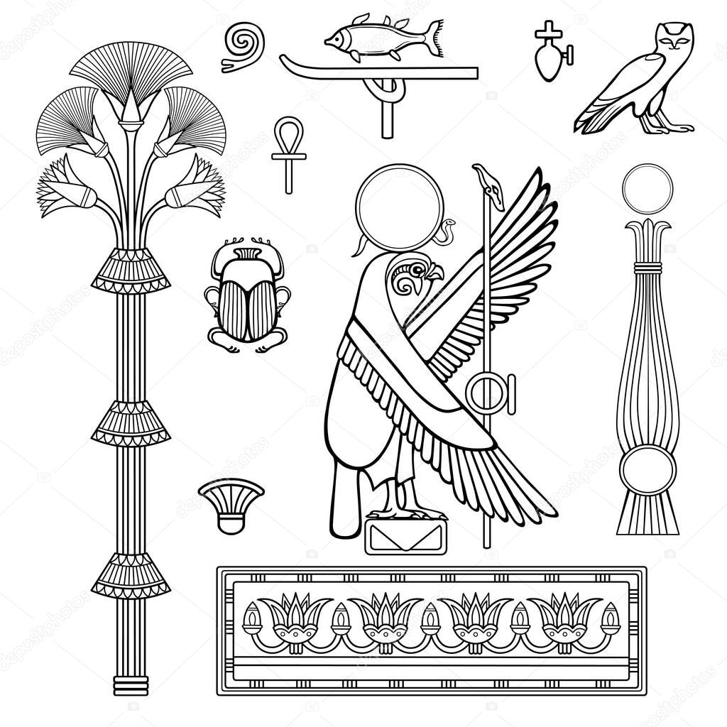 Animation linear drawing: set of Egyptian symbols. Sacred bird is the god of Gore. Vector illustration isolated on a white background. 