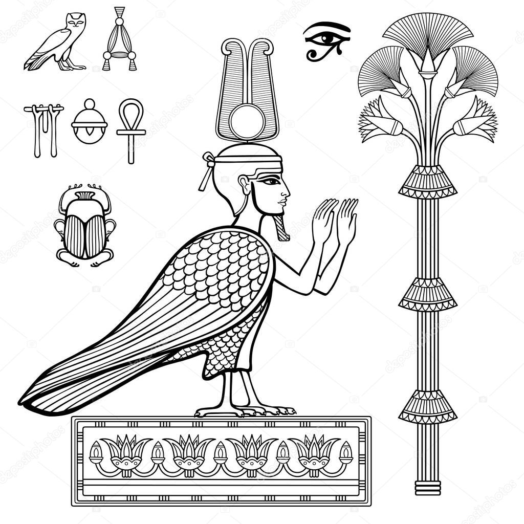 Animation linear drawing: set of Egyptian symbols. Falcon with a human head and hands. Vector illustration isolated on a white background.