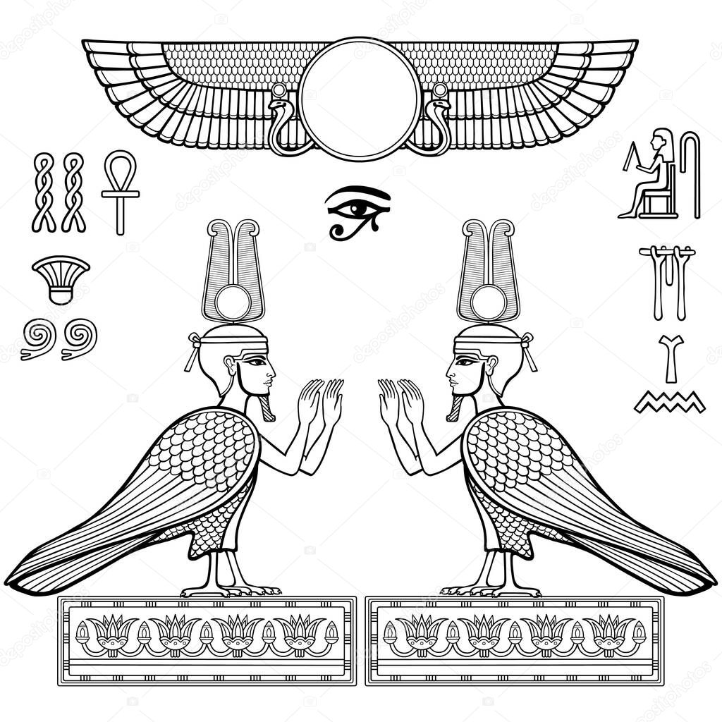 Animation linear drawing: set of Egyptian symbols. Falcon with a human head and hands. Vector illustration isolated on a white background.