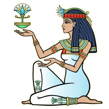 Animasyon renk portresi: Animasyon renkli bir resimdeki Mısırlı kız: Beyaz elbiseli Mısırlı kız papirüs çiçeği tutuyor. Tanrıça, prenses, rahibe. Profil görünümü. Vektör çizimi izole edildi