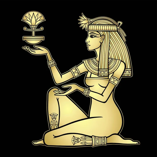 动画肖像 漂亮的埃及女人手里拿着一朵花 配置文件视图 黄金的仿制 在黑色背景上孤立的向量图 — 图库矢量图片