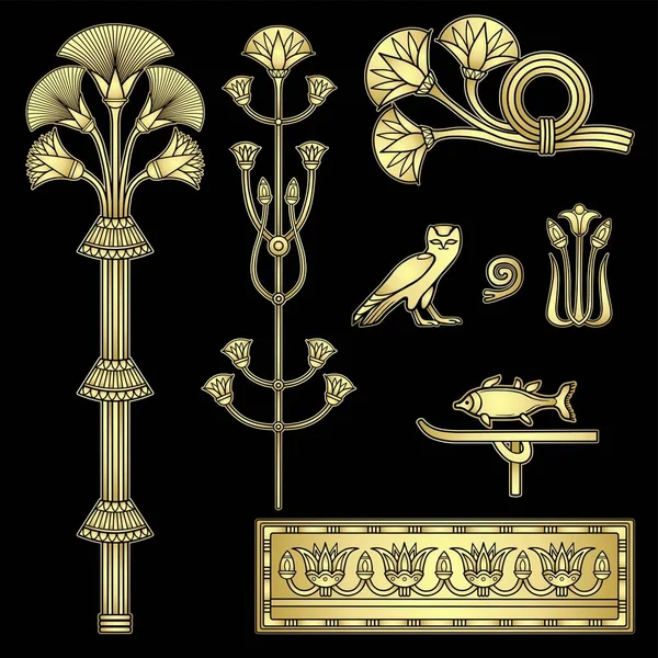 Tecknad Uppsättning Element Egyptisk Stil Papyrus Växter Djur Hieroglyfer Blommönster — Stock vektor