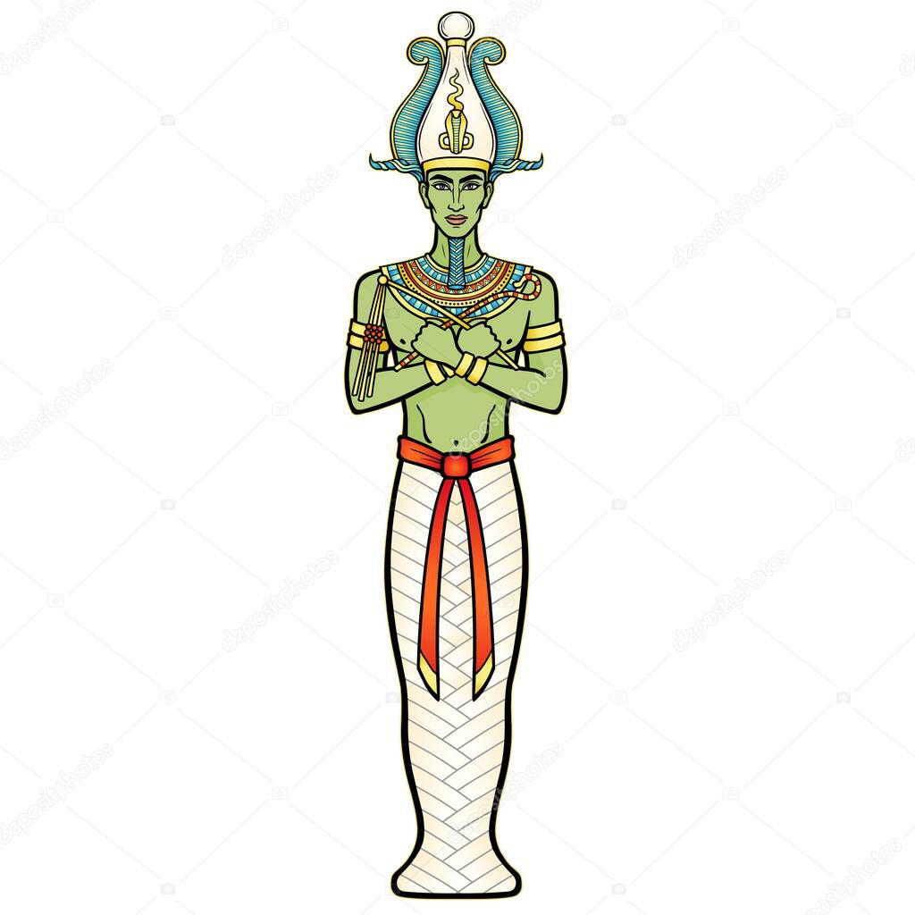 Animation color portrait: Egyptian man  in the royal crown with crossed hands holds symbols of power. Pharaoh, Osiris, mummy.Vector illustration isolated on a white background. 