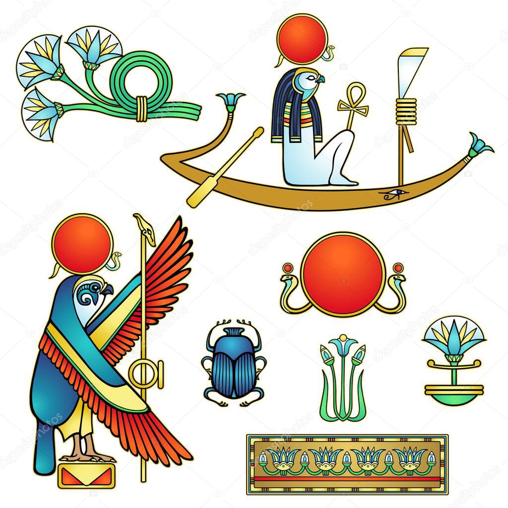 Animation color set of ancient Egyptian symbols. Sacred bird falcon, god Ra sailing in a boat. Pagan totem animals. Vector illustration isolated on a white background.