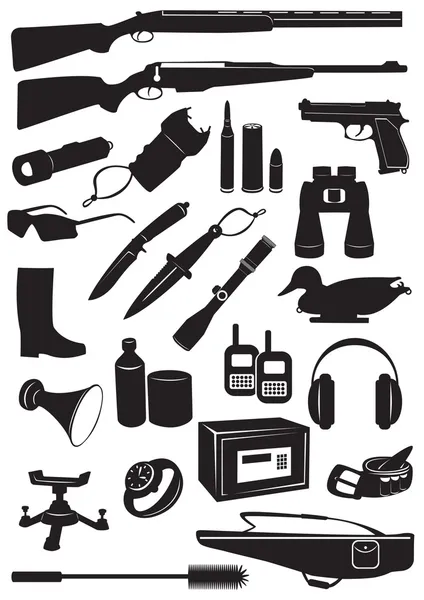A figura mostra as silhuetas de equipamentos de caça —  Vetores de Stock