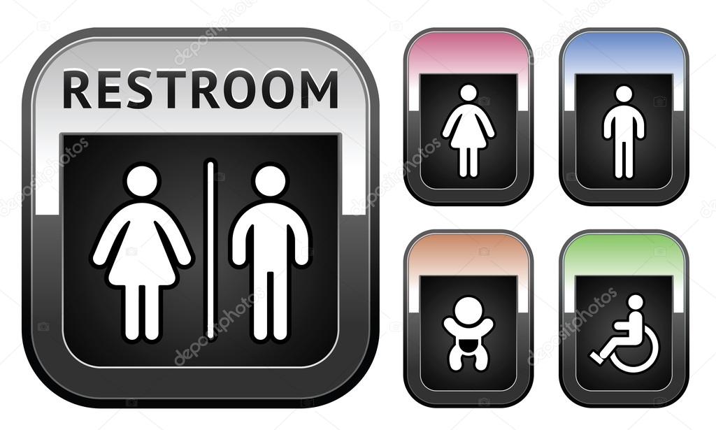 Restroom symbol, metallic button