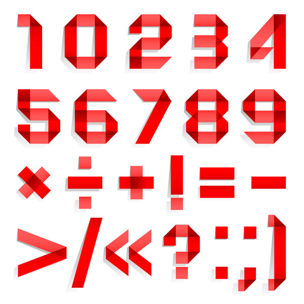 Шрифт, сложенный из цветной бумаги - арабские цифры, красный